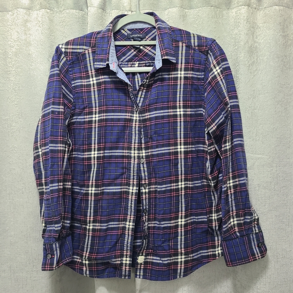 Lands' End Navy and Pink Plaid Shirt